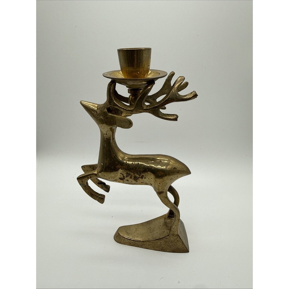 Vintage Brass Leaping Buck Reindeer Deer Christmas Decor Candle Holder